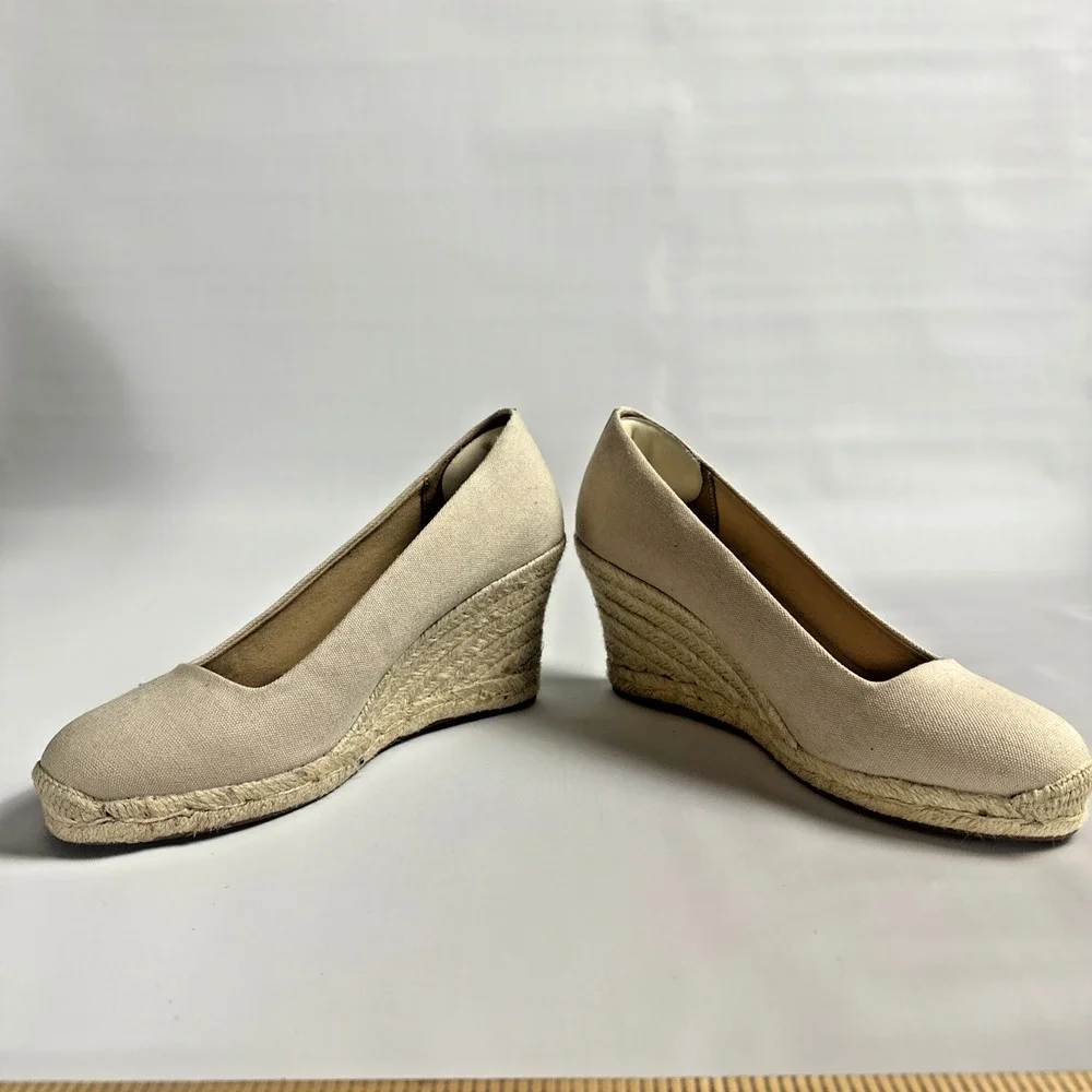Coastal Grandma Espadrille Wedge Canvas Pumps Neutral J.Crew Size 8 Boho Resort
